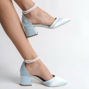 Eleanor Louise Pearl-Strap Women's Light Blue Block Heel Pumps